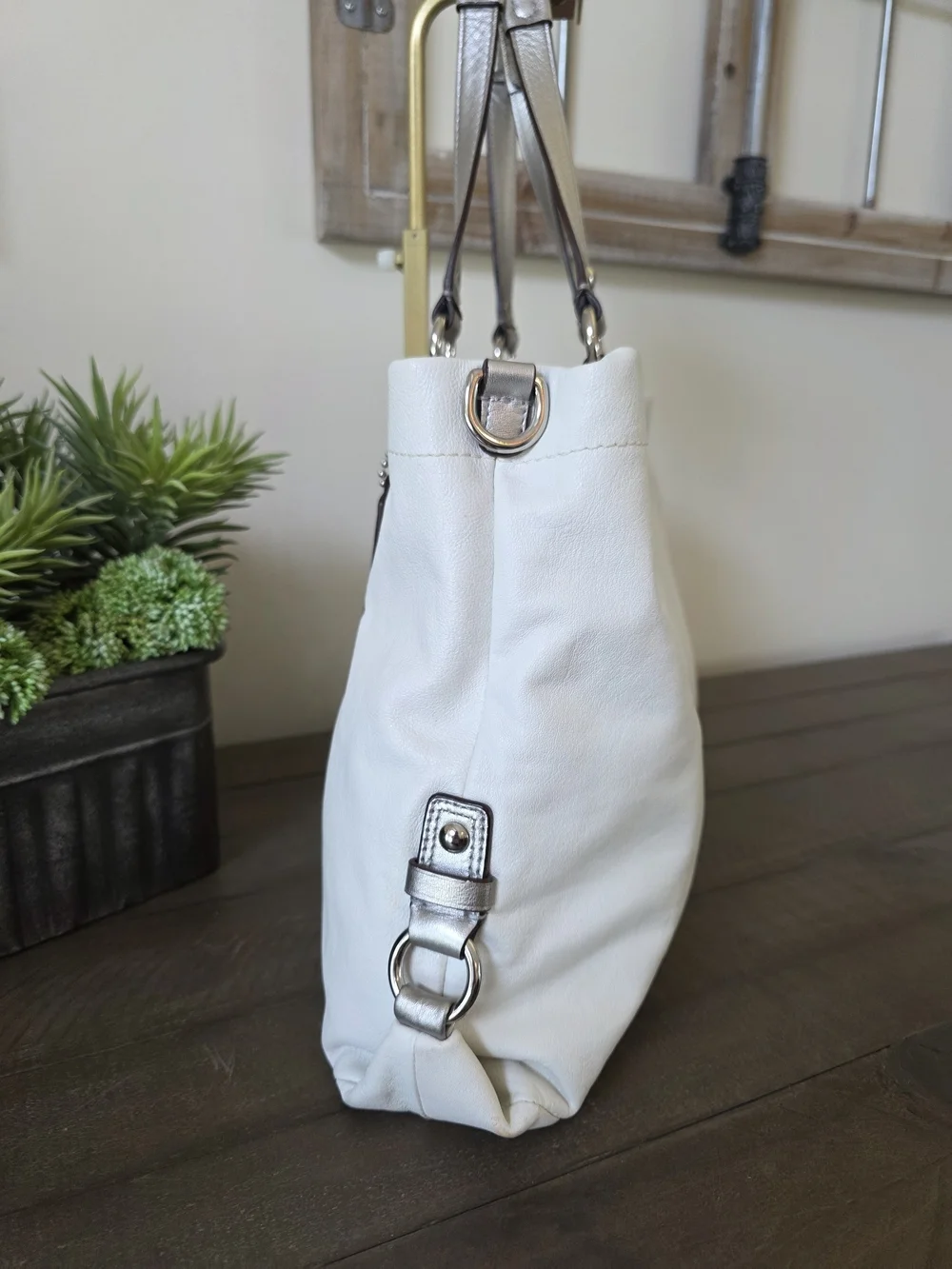 Coach White Leather Tote with Silver Accents